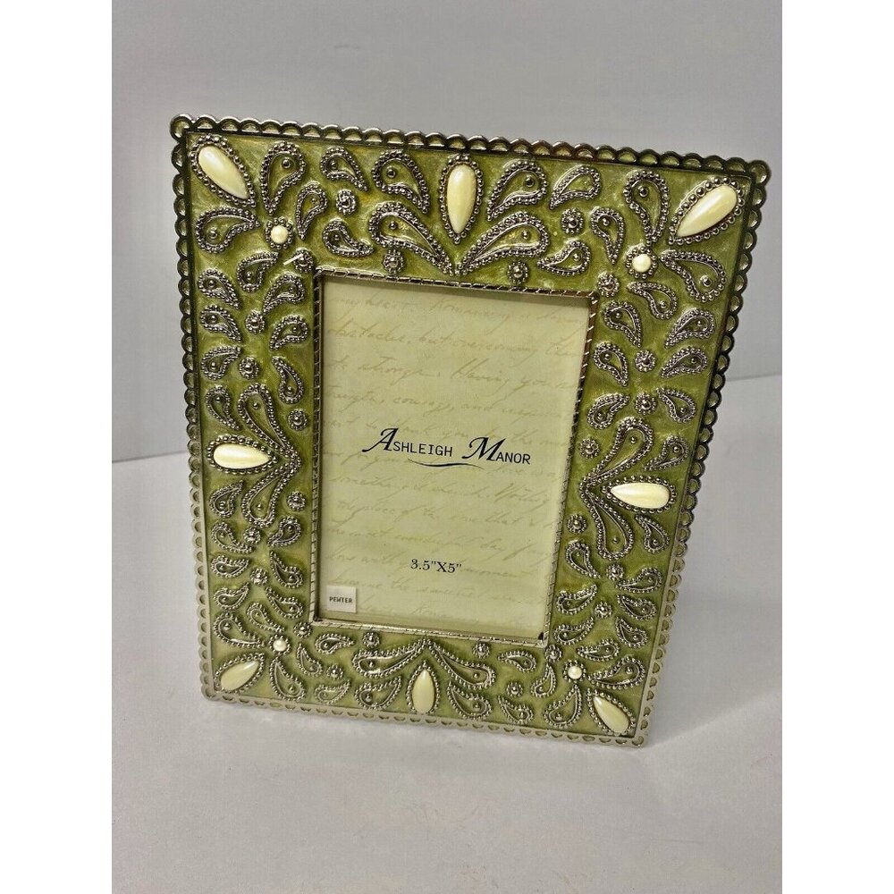 Ashleigh Manor Picture Photo Frame Jeweled Green Enamel Easel Back 3.5x5” Pewter